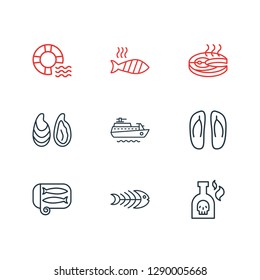Vector illustration of 9 marine icons line style. Editable set of ship, sardine, lifebuoy and other icon elements.