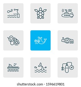 Vector illustration of 9 marine icons line style. Editable set of oxygen balloons, cetacean, diving board and other icon elements.