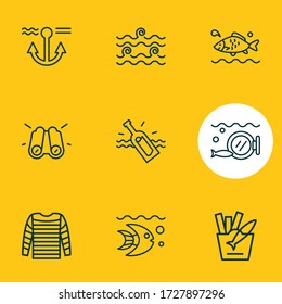Vector illustration of 9 marine icons line style. Editable set of stripped vest, aquatic, binoculars and other icon elements.