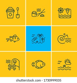 Vector illustration of 9 marine icons line style. Editable set of flatfish, sushi, pirate flag and other icon elements.