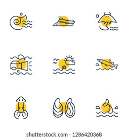 Vector illustration of 9 maritime icons line style. Editable set of oyster, sea landscape, squid icon elements.