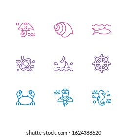 Vector illustration of 9 maritime icons line style. Editable set of sailor man, rubber boat, sea horse and other icon elements.