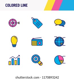 Vector illustration of 9 marketing icons colored line. Editable set of crm, globe, pie chart and other icon elements.