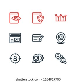 Vector illustration of 9 marketing icons line style. Editable set of web visibility, target audience, local business and other icon elements.