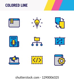 Vector illustration of 9 marketing icons colored line. Editable set of bookmark service, marketing strategy, press release and other icon elements.