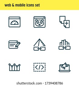 Vector illustration of 9 marketing icons line style. Editable set of web design service, link pyramid, duplicate content and other icon elements.