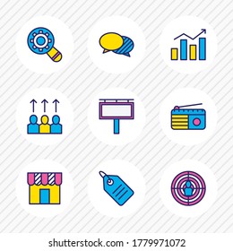 Vector illustration of 9 marketing icons colored line. Editable set of promotion, price tag, research and other icon elements.