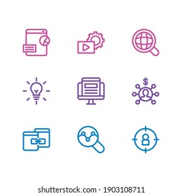 Vector illustration of 9 marketing icons line style. Editable set of affiliate marketing, traffic analyze, related content and other icon elements.