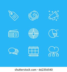 Vector Illustration Of 9 Marketing Icons. Editable Pack Of Discussing, Circle Diagram, Fm Broadcasting And Other Elements.