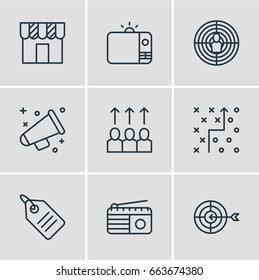 Vector Illustration Of 9 Marketing Icons. Editable Pack Of Discount Label, Goal, Shop And Other Elements.