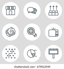 Vector Illustration Of 9 Marketing Icons. Editable Pack Of Advancement, Tactical Plan, Discussing And Other Elements.