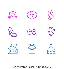 Vector illustration of 9 marriage icons line style. Editable set of groom suit, dove, heeled shoes and other icon elements.