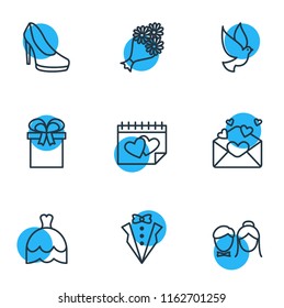 Vector illustration of 9 marriage icons line style. Editable set of gift, groom suit, posy and other icon elements.
