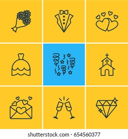 Vector Illustration Of 9 Marriage Icons. Editable Pack Of Building, Wineglass, Bridal Bouquet And Other Elements.