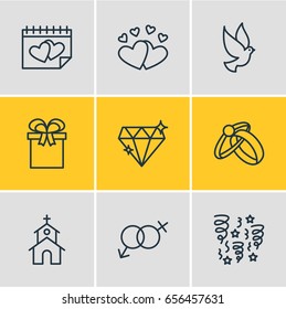 Vector Illustration Of 9 Marriage Icons. Editable Pack Of Brilliant, Calendar, Present And Other Elements.