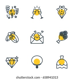 Vector Illustration Of 9 Marriage Icons. Editable Pack Of Bridegroom Dress, Wedding Gown, Jewelry And Other Elements.