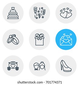 Vector Illustration Of 9 Marriage Icons. Editable Pack Of Card, Engagement, Decoration And Other Elements.