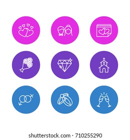 Vector Illustration Of 9 Marriage Icons. Editable Pack Of Love, Engagement, Sexuality Symbol And Other Elements.