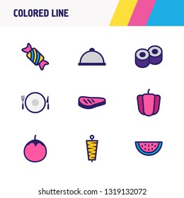 Vector illustration of 9 meal icons colored line. Editable set of vegetable, sushi, meal and other icon elements.