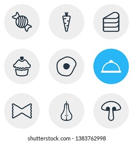 Vector illustration of 9 meal icons line style. Editable set of meal, mushroom, pastry and other icon elements.