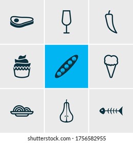 Vector illustration of 9 meal icons line style. Editable set of steak, paprika, noodles and other icon elements.