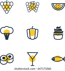Vector Illustration Of 9 Meal Icons. Editable Pack Of Seafood, Japanese Roll, Muscat And Other Elements.