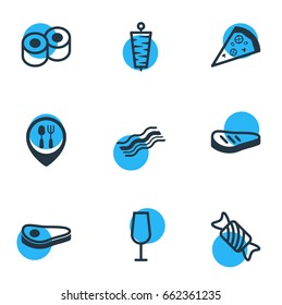 Vector Illustration Of 9 Meal Icons. Editable Pack Of Candy, Pizza Slice, Doner Elements.