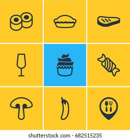 Vector Illustration Of 9 Meal Icons. Editable Pack Of Dessert, Restaurant, Roast Beef And Other Elements.