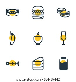 Vector Illustration Of 9 Meal Icons. Editable Pack Of Streetfood, Biscuit, Aubergine And Other Elements.