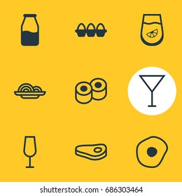 Vector Illustration Of 9 Meal Icons. Editable Pack Of Scrambled Egg, Japanese Roll, Juice And Other Elements.