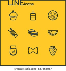 Vector Illustration Of 9 Meal Icons. Editable Pack Of Macaroni, Summer Fruit, Berry And Other Elements.