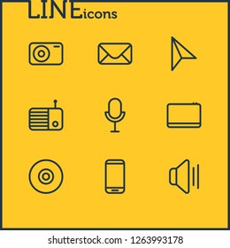 Vector illustration of 9 media icons line style. Editable set of cursor, camera, smartphone and other icon elements.