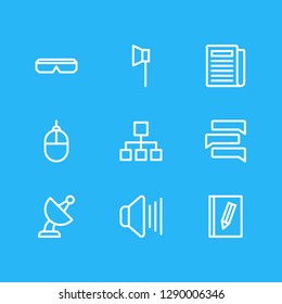 Vector illustration of 9 media icons line style. Editable set of satellite, writing, sound and other icon elements.