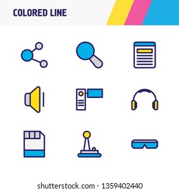 Vector illustration of 9 media icons colored line. Editable set of joystick, search, floppy disk and other icon elements.