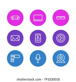 Vector illustration of 9 media icons line style. Editable set of mike, spectacles, mp3 and other elements.