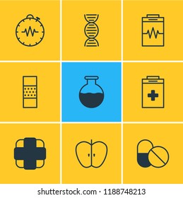 Vector illustration of 9 medical icons line style. Editable set of plaster, timer, diagnosing and other icon elements.