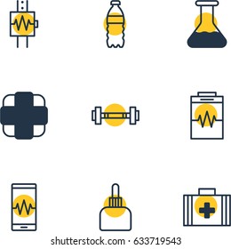 Vector Illustration Of 9 Medical Icons. Editable Pack Of Phone Monitor, Heartbeat, Dumbbell And Other Elements.
