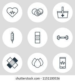 Vector illustration of 9 medicine icons line style. Editable set of vitamins, cardiogram signals, barbell and other icon elements.