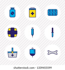 Vector illustration of 9 medicine icons colored line. Editable set of medical tool, pipette, bone and other icon elements.