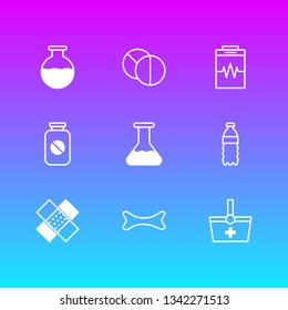 Vector illustration of 9 medicine icons line style. Editable set of bottled water, vial, bandage icon elements.