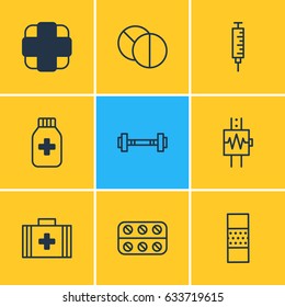 Vector Illustration Of 9 Medicine Icons. Editable Pack Of Band Aid, Pills , Vaccinator Elements.