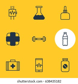Vector Illustration Of 9 Medicine Icons. Editable Pack Of Heartbeat, Phone Monitor, Plastic Bottle And Other Elements.
