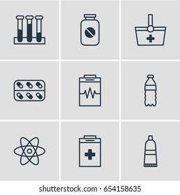 Vector Illustration Of 9 Medicine Icons. Editable Pack Of Molecule, Medicine, Plastic Bottle And Other Elements.