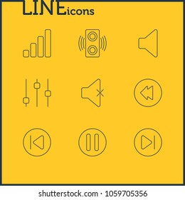 Vector illustration of 9 melody icons line style. Editable set of equalizer, phonic, backward and other icon elements.