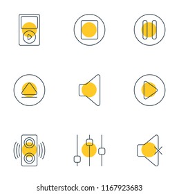 Vector illustration of 9 melody icons line style. Editable set of mute, play, pause and other icon elements.