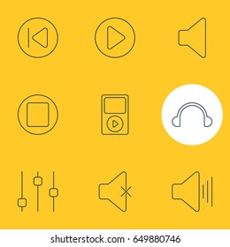 Vector Illustration Of 9 Melody Icons. Editable Pack Of Speaker, Mp3, Volume Up And Other Elements.