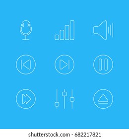 Vector Illustration Of 9 Melody Icons. Editable Pack Of Preceding, Volume Up, Rewind And Other Elements.