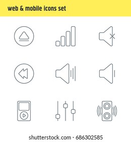 Vector Illustration Of 9 Melody Icons. Editable Pack Of Soundless, Rewind, Amplifier And Other Elements.