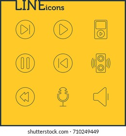 Vector Illustration Of 9 Melody Icons. Editable Pack Of Decrease Sound, Mike, Preceding And Other Elements.