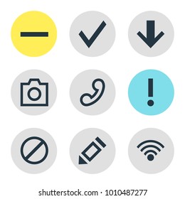 Vector illustration of 9 member icons. Editable set of down, remove, approve and other icon elements.